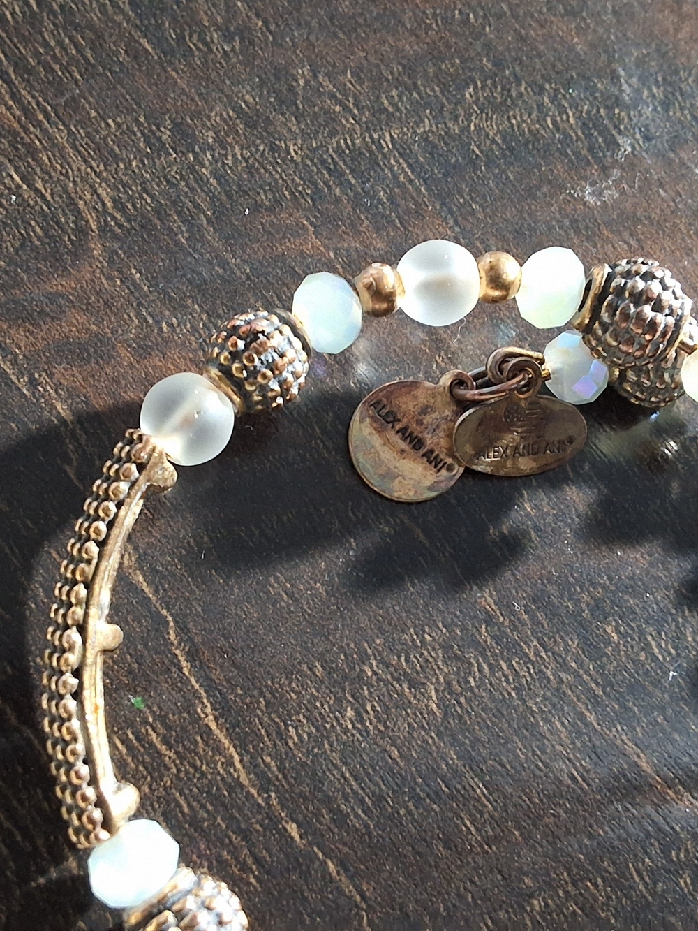 Alex and Ani Frosted White and Iridescent Bead Bracelet with Gold Accents